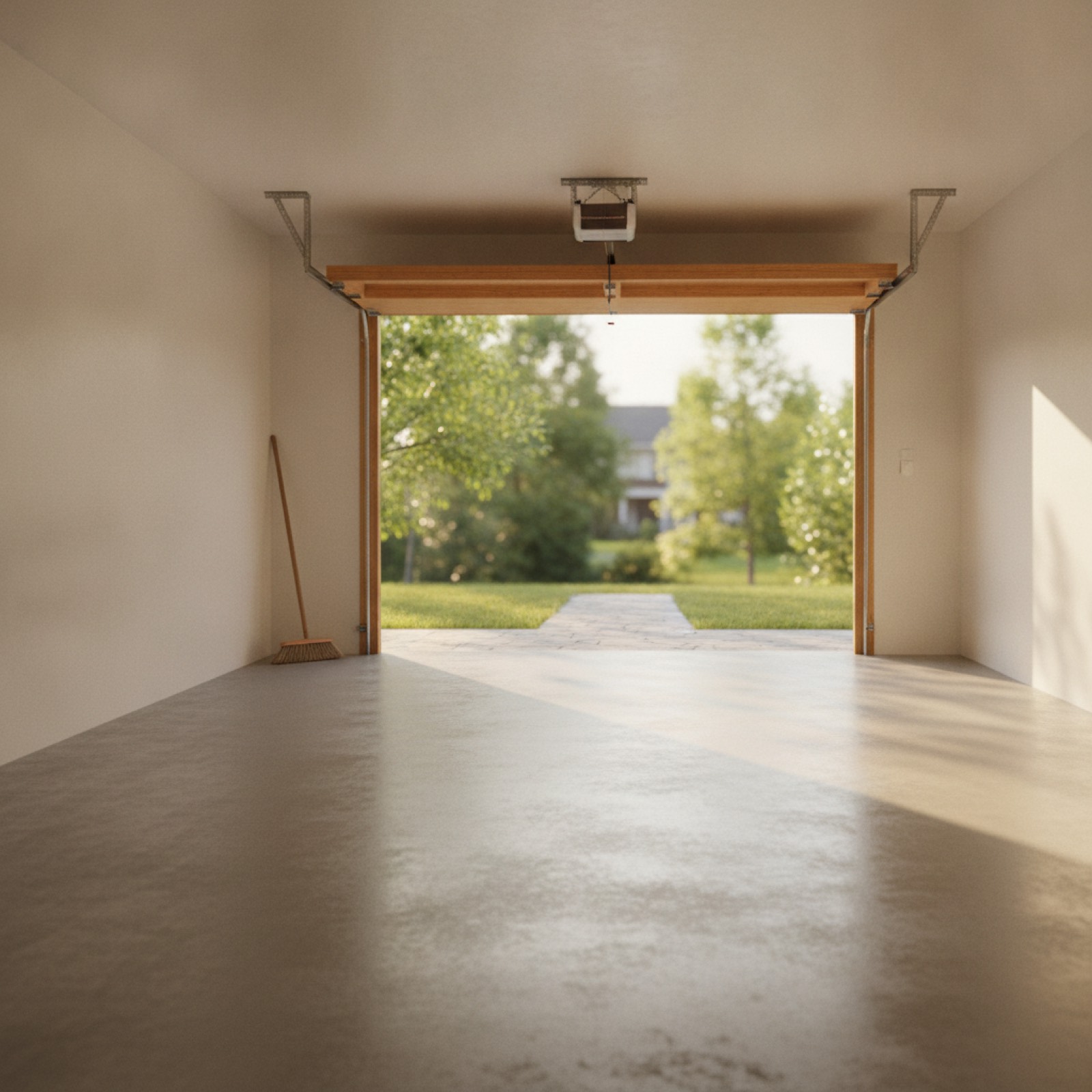 A garage swept back to bare concrete, the door open onto the yard.